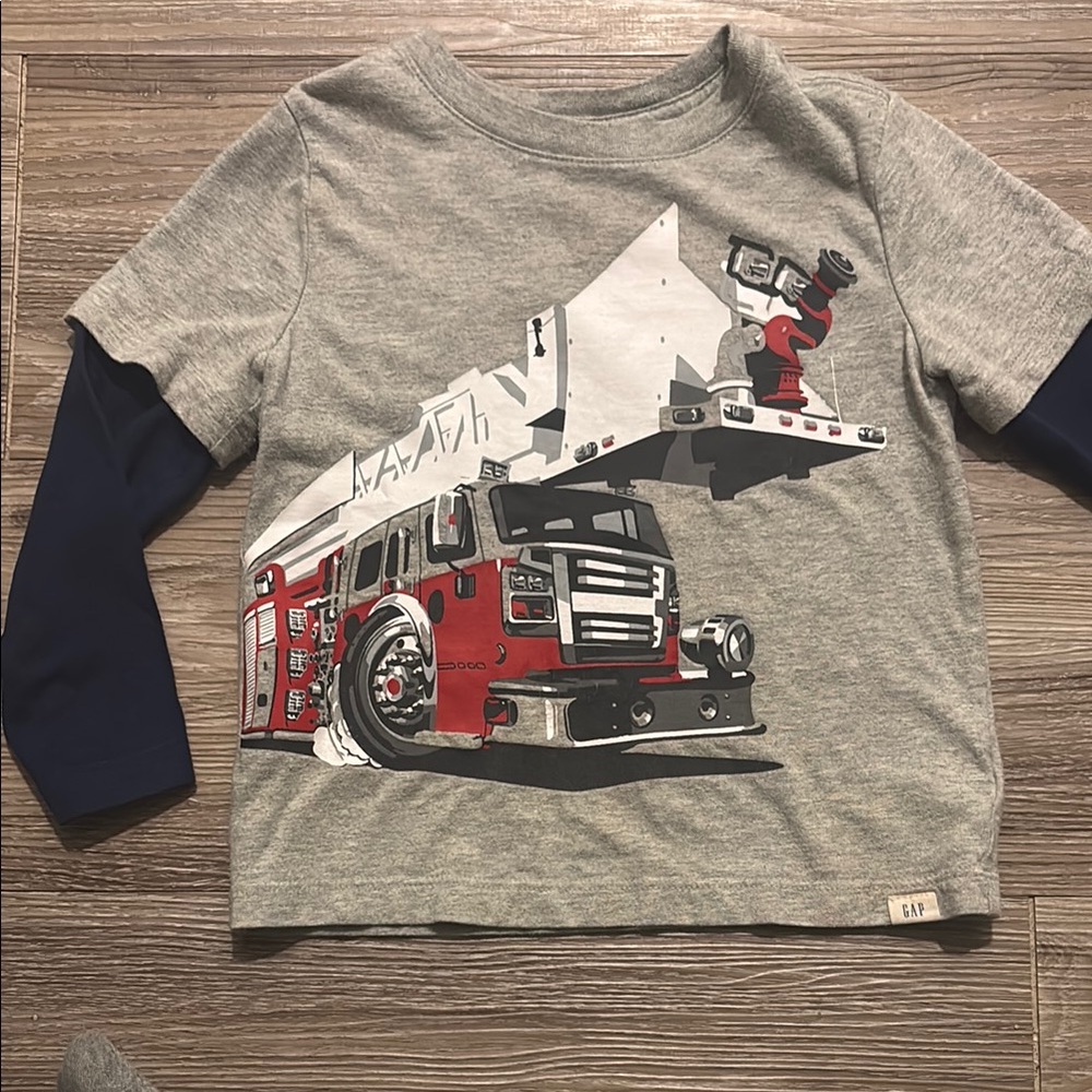 GAP Kids Gray and Red Fire Truck Long Sleeve Shirt